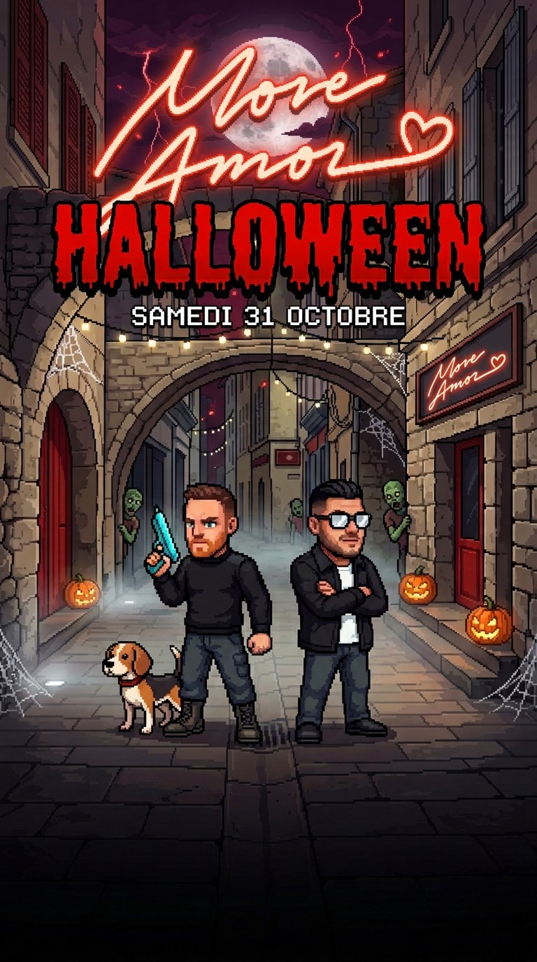 Halloween au More Amor : le héros, son beagle et Hamo rue Fresque, samedi 31 octobre